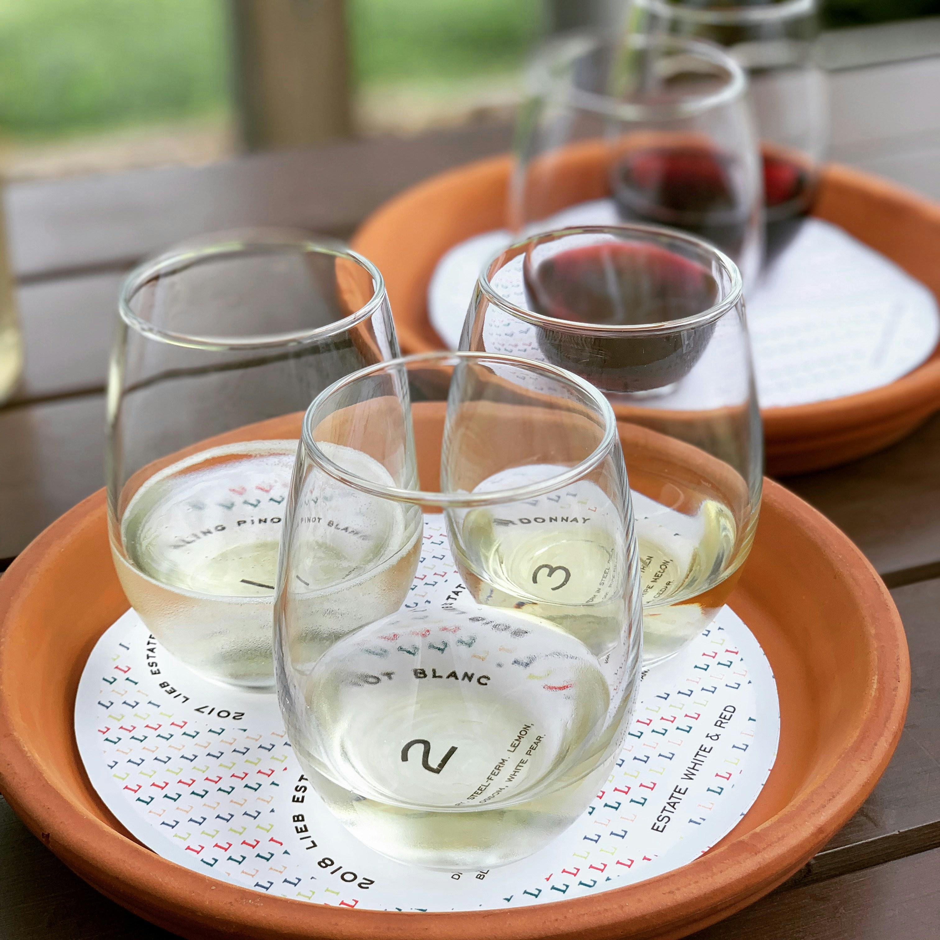 Napa Valley wine tasting flight featuring red and white wines.