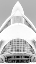 A black and white architectural photograph featuring a modern building design with a futuristic appearance. The structure has a symmetrical design with curved lines, large arches, and intricate detailing, resembling a spaceship or an abstract sculpture. The central feature includes narrow vertical windows and a smooth concrete facade.