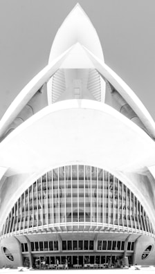 A black and white architectural photograph featuring a modern building design with a futuristic appearance. The structure has a symmetrical design with curved lines, large arches, and intricate detailing, resembling a spaceship or an abstract sculpture. The central feature includes narrow vertical windows and a smooth concrete facade.