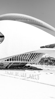 A modern architectural structure with sleek, futuristic lines and bold geometric patterns. The building features large windows and a sweeping curved roof, with a surrounding area that includes landscaping and a reflecting pool. The structure is prominently labeled 'Palau de les Arts.'