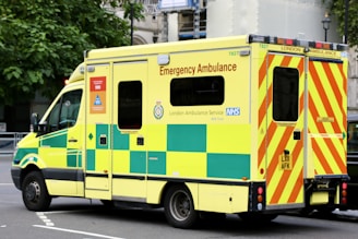 A large, yellow and green emergency ambulance is parked on a city street. The vehicle is part of the London Ambulance Service, as indicated by the text and logos on its side. It features red and yellow chevron patterns on the back doors and displays several identification numbers and emergency contact information.