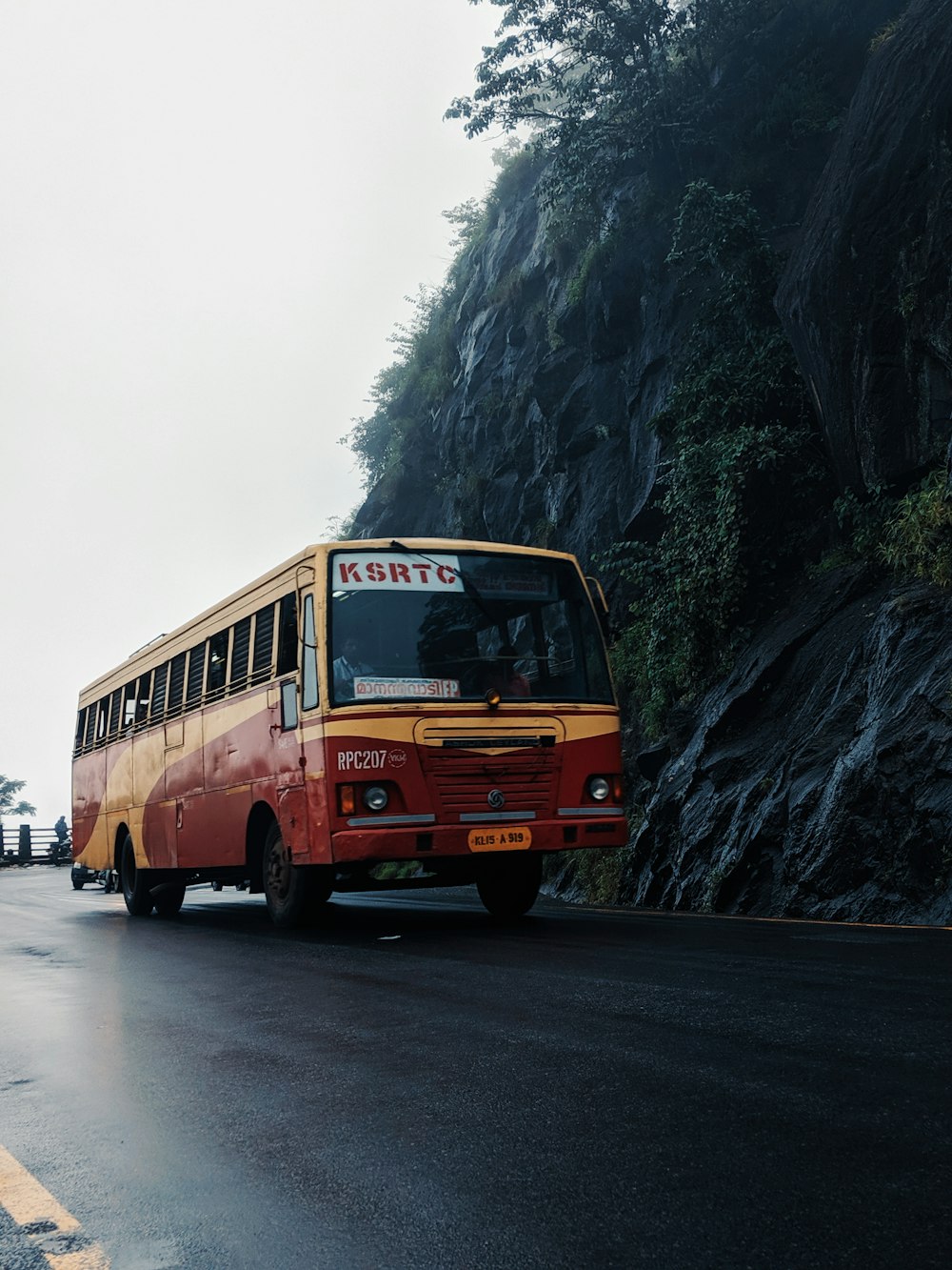 brown and beige bus on paved road