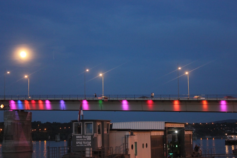 few people walking on bridge showing lighted lamp post during night time