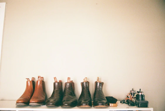 A cozy Shoe World store interior showcasing polished leather shoes neatly displayed on wooden shelves.