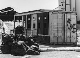 A black and white image depicting a recycling facility with separate sections labeled for different materials. A pile of garbage bags is situated in the foreground, while various graffiti is present on the container in the background.