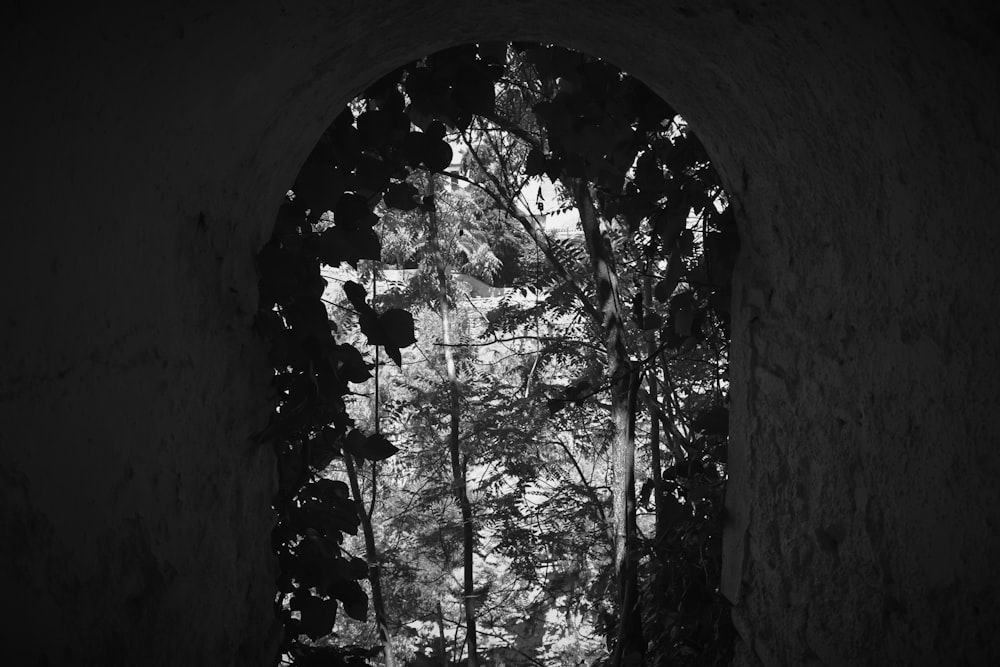 grayscale photo of archway