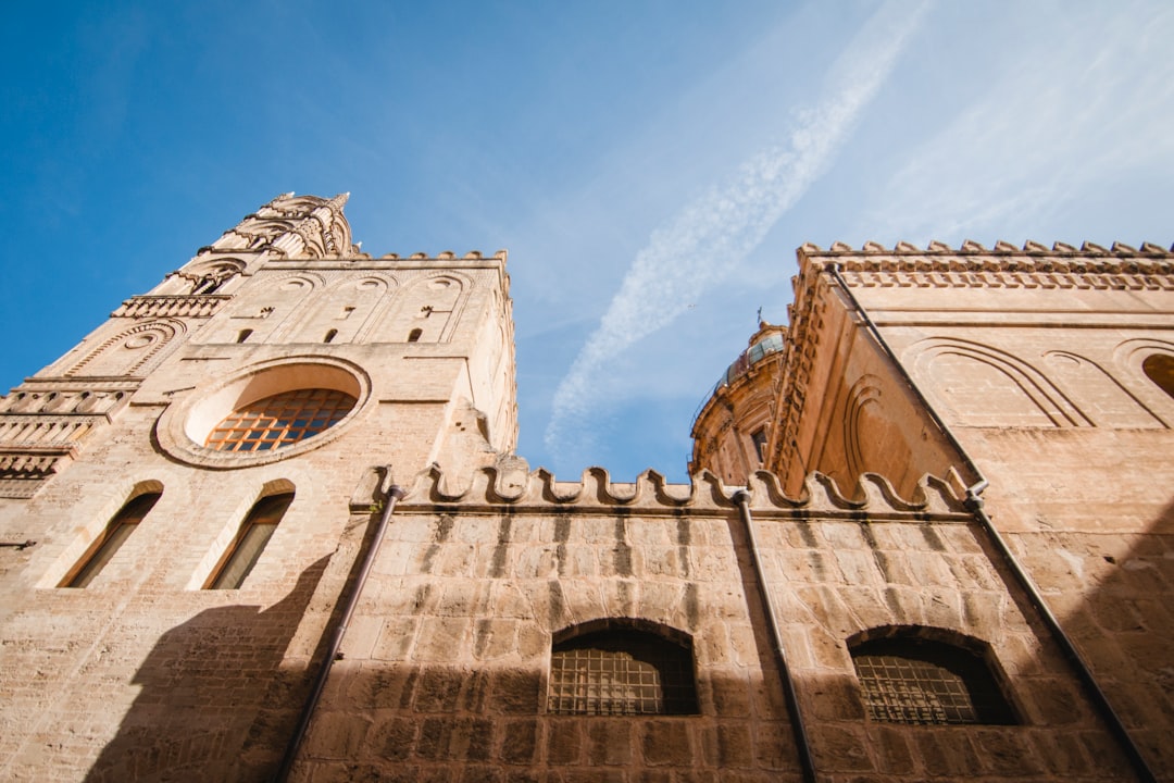 low-angle photography of brown cathedral under a calm blue sky