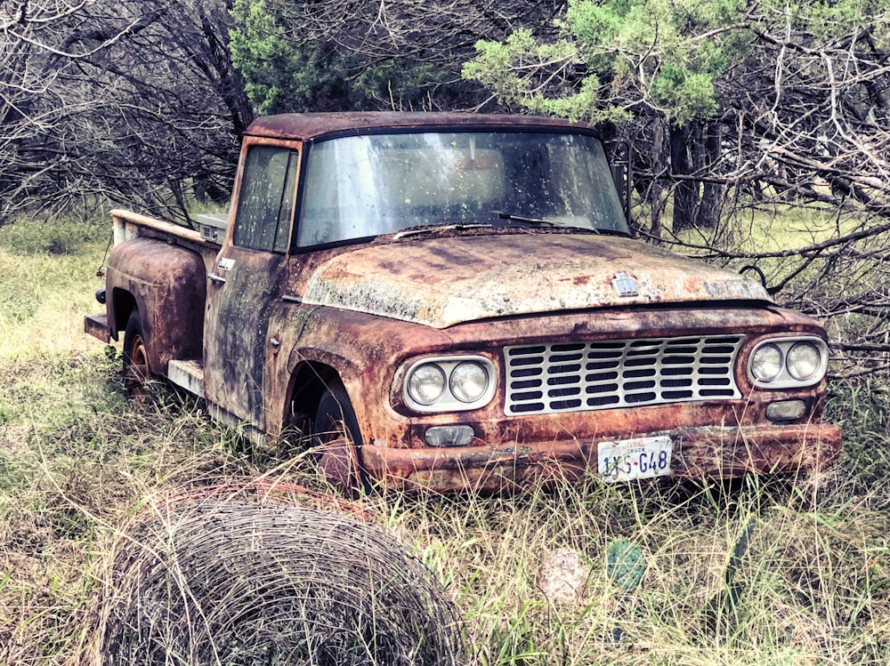 parked single-cab pickup truck beside tree at daytime