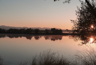 A serene lakeside view at sunset with reflections of trees and mountains.