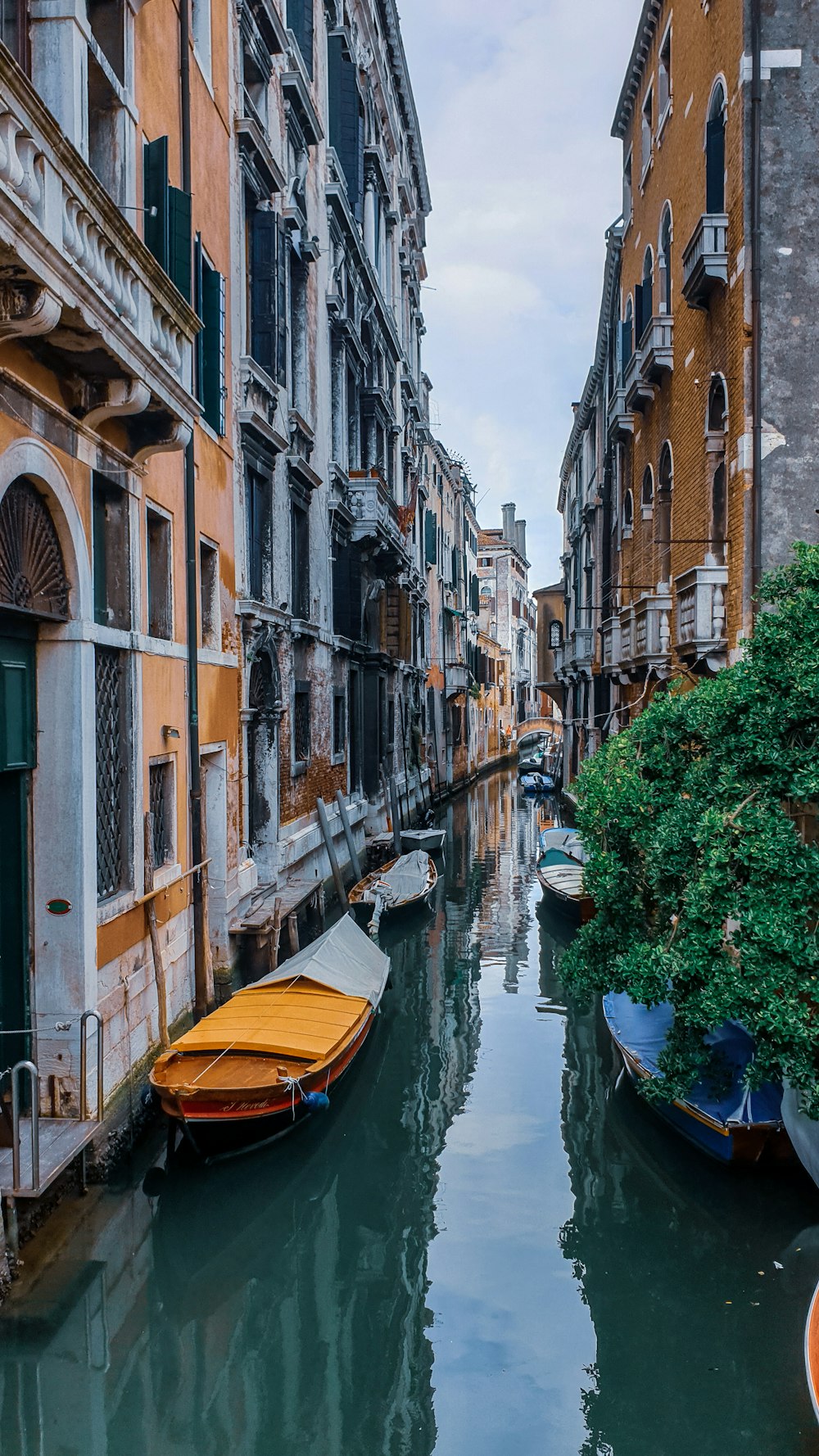 brown wooden boat on river beside buildings