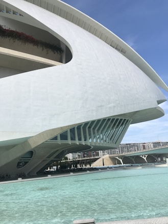 A modern architectural structure with a sleek, futuristic design. The building has a smooth, curved white facade with large windows resembling fins or gills. Surrounding the building is a pool of clear blue water, reflecting the structure. In the background, there are additional buildings and a bridge.