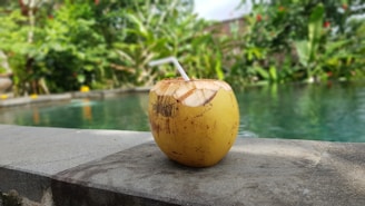 A fresh coconut with a straw is placed on a concrete ledge by a swimming pool, surrounded by lush green foliage.