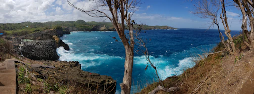 A panoramic view of a rugged coastline at sunset with waves crashing against cliffs.