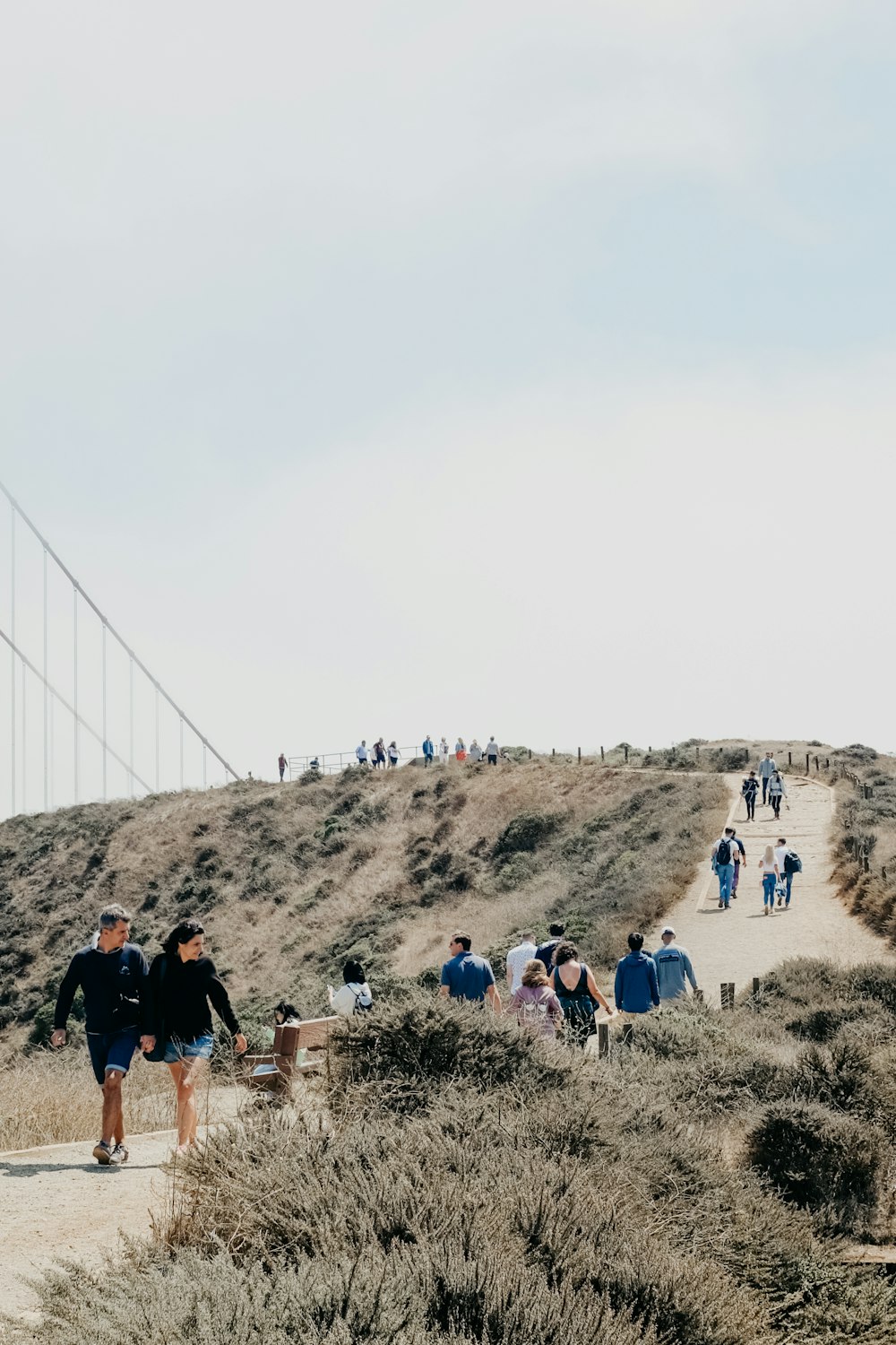 people walking under clear blue sky