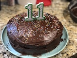 A chocolate cake with brown frosting is topped with colorful sprinkles and a numeral candle displaying the number 11. The cake is placed on a light blue plate, which is set on a granite countertop.