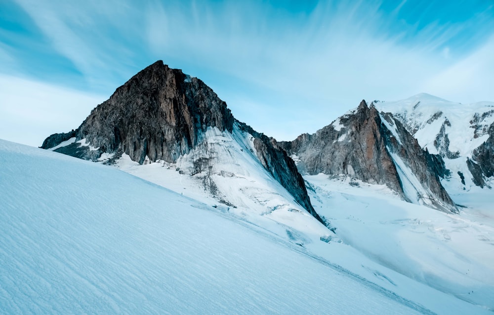 a mountain covered in snow with a sky background