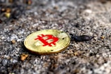 A small black snail is adjacent to a shiny gold coin with a red Bitcoin symbol embossed on its surface. The scene is set against a rough, textured stone background, with some small bits of debris scattered around.
