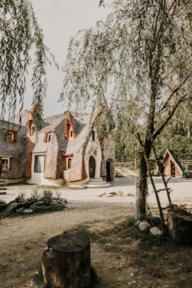 A whimsical, fairytale-style cottage with a curved, shingled roof and wooden accents nestled among trees. The scene is rustic and serene with a sandy path leading to the house. A small tree stump and foliage can be seen in the foreground, adding to the natural ambiance.