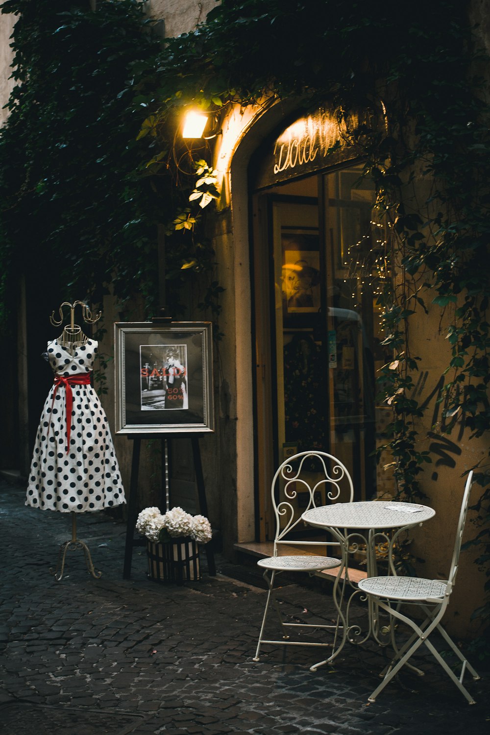 white dress outside store