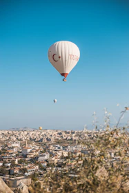 Happy travelers enjoying a scenic hot air balloon ride over Cappadocia.