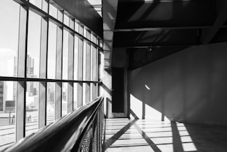 A black and white interior space features large windows on the left side, allowing ample natural light to cast geometric shadows on the floor and walls. The view through the windows reveals an urban skyline, including several high-rise buildings. The architecture is modern with clean lines and a minimalist aesthetic.