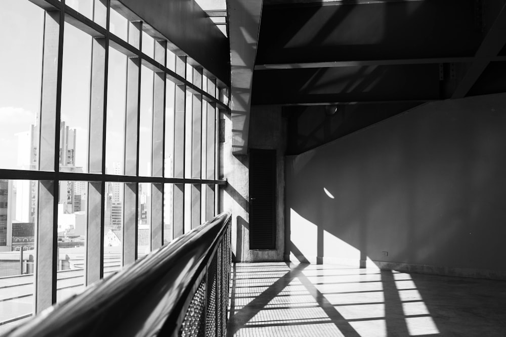 grayscale photography of building interior