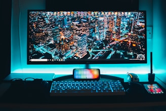 turned-on flat screen television