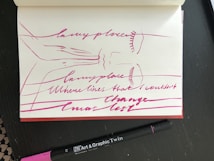 A piece of paper with handwritten text and abstract line drawings in pink ink. The paper includes phrases such as 'in my place' and 'change was last.' There are artistic interpretations resembling closed eyes and lines suggesting waves or movement. Below the paper is a pink marker labeled 'Art & Graphic Twin.'