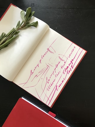 An open notebook with ink sketches and notes against a dark textured background.