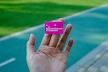 A hand is holding a small pink ticket with the text 'National Museum of Singapore' visible. The background consists of a blurred outdoor pathway and green grassy area.