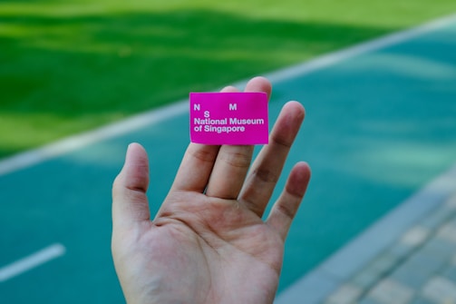 A hand is holding a small pink ticket with the text 'National Museum of Singapore' visible. The background consists of a blurred outdoor pathway and green grassy area.