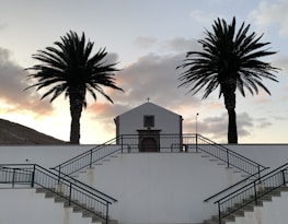 A small church is centered between two tall palm trees. The building is white with a simple wooden door, positioned on a platform accessed by concrete stairs with dark railings. The sky is a soft gradient of evening light with scattered clouds.