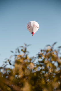 A hot air balloon with red markings and text floats in a clear blue sky. The balloon features a red crescent and star, commonly associated with the Turkish flag, and the word 'TURK'. In the foreground, there are blurred branches and leaves, indicating the photograph is taken from the ground looking up.