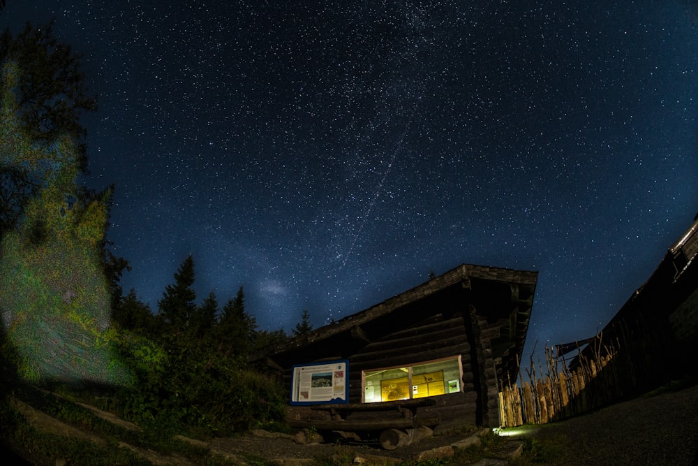 gray wooden house surrounded with tall and green trees during night time