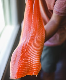 A person is holding a large, fresh piece of salmon fillet with distinct lines of fat running across the bright orange flesh. The setting is indoors, near a window that casts natural light on the salmon.
