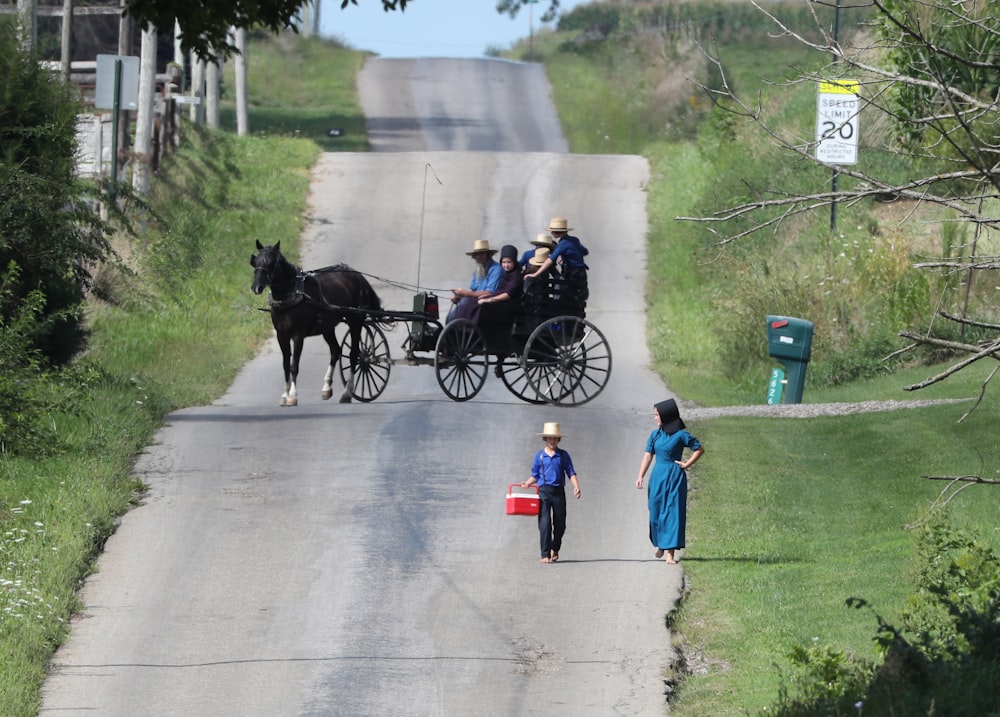 woman and boy walking near carriage on road