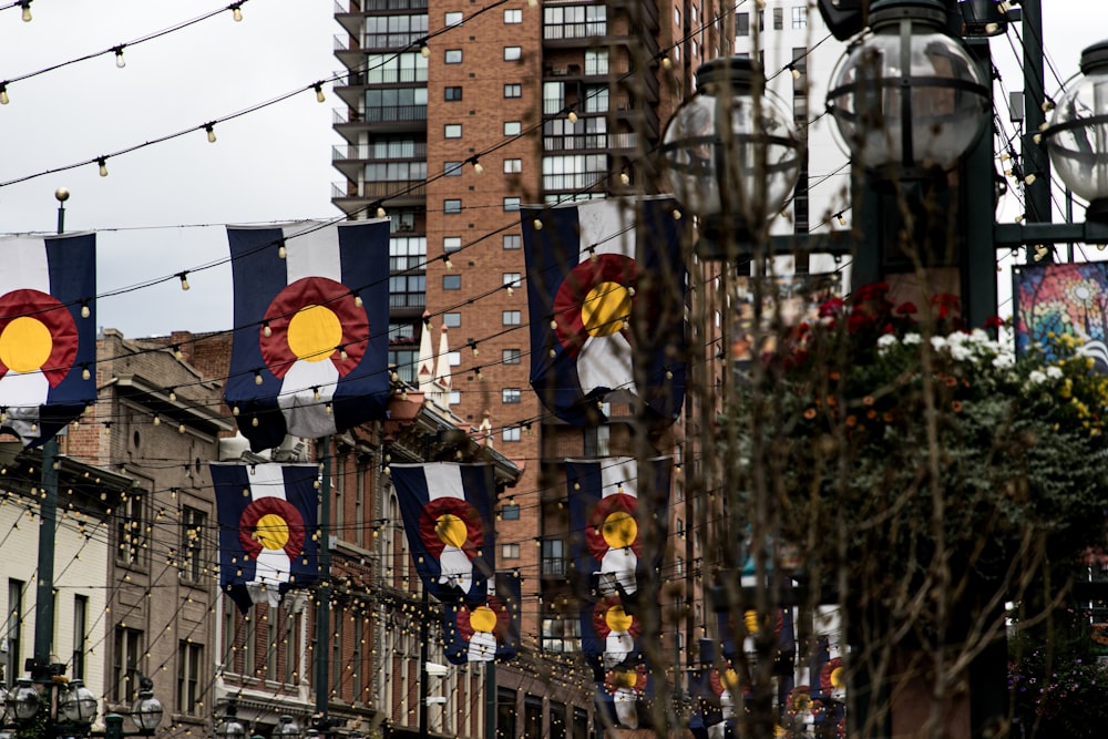 flags hanging on string lights