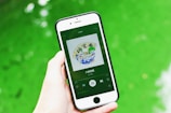 A hand is holding a smartphone displaying a music app with album art and music controls visible on the screen. The background consists of a vibrant green surface.