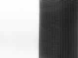 A solar panel with a sleek design is split into two halves. The left side is a clean white surface, while the right side features a pattern of dark vertical lines representing the photovoltaic cells.