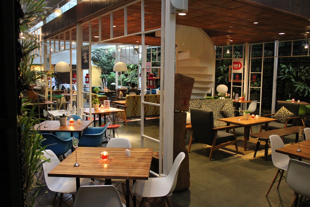 empty tables and chairs inside a restaurant