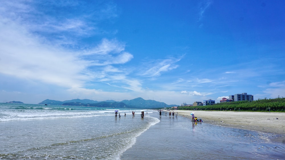 people along seashore of a white sand beach