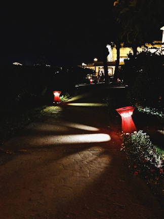 A quiet pathway illuminated by small lanterns, surrounded by shadows.