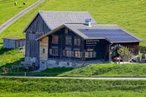 A rustic, two-story farmhouse with a weathered wood exterior and a sloped roof stands amid a vibrant green landscape. Solar panels cover part of the roof, and there are some decorations, including signs or script on the walls. In the background, cows graze along a dirt path that winds through the lush fields.