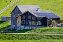 A rustic, two-story farmhouse with a weathered wood exterior and a sloped roof stands amid a vibrant green landscape. Solar panels cover part of the roof, and there are some decorations, including signs or script on the walls. In the background, cows graze along a dirt path that winds through the lush fields.