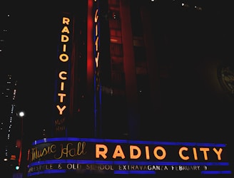 Neon signs with the text 'Radio City' and 'Music Hall' in bright orange and blue colors illuminate the facade of a building at night. Additional text below reads 'Freestyle & Old School Extravaganza February 9.' The scene includes vertical and horizontal signage with a dark surrounding environment.