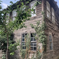 An abandoned Victorian house with broken windows and creeping ivy under a cloudy sky.