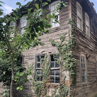 An abandoned Victorian house with broken windows and creeping ivy under a cloudy sky.