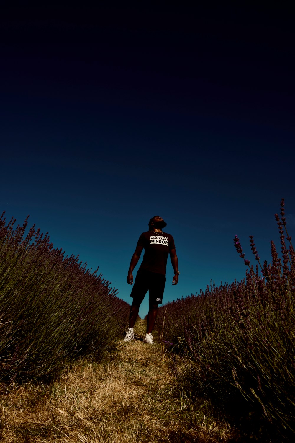 man standing between of grass field at daytime