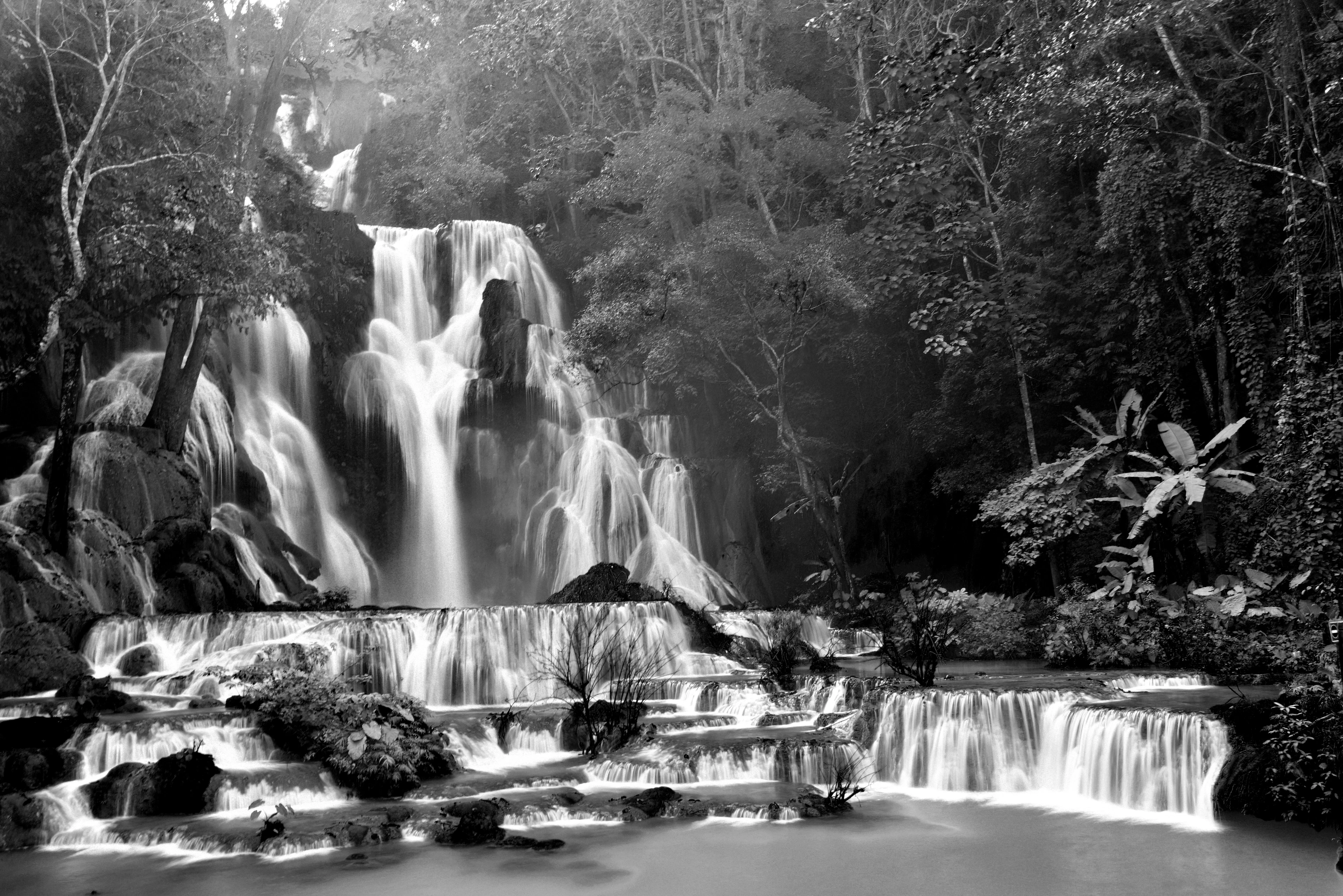 A black-and-white long exposure shows Kuang Si Falls' silky tiers cascading through dense forest.