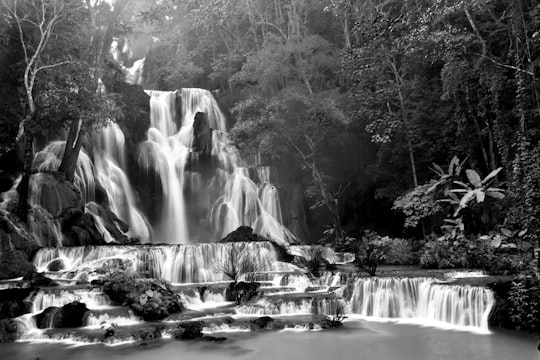 black and white photo of waterfalls in Luang Prabang Laos